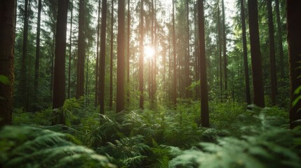 Fototapeta premium Dog joyfully exploring a lush forest filled with sunlight and greenery
