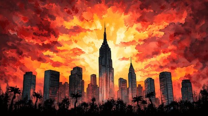 Obraz premium Fiery Sunset over Apocalyptic City Skyline, Digital Pixel Art Painting