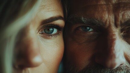 Couple sharing deep connection in intimate gaze with enchanting bokeh backdrop