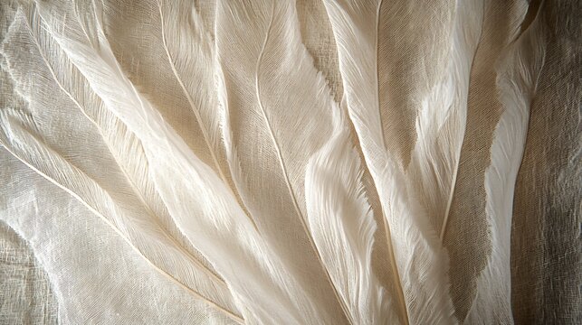 Delicate White Feathers Arranged on Fabric Background
