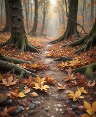 Obraz premium Soft focus image of a forest floor with fallen leaves and branches, tree limbs, earthy tones, forest floor