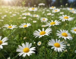 Soft focus image of wild chamomile and daisies in a meadow, blurred background, chamomile blossoms