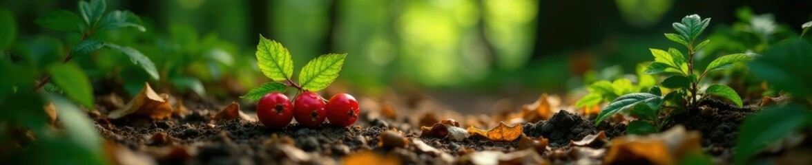 Rowan berry with leaves and stem on a forest floor, forest floor, rustic, rowan tree