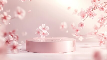 Delicate pink pedestal sits amongst falling cherry blossoms