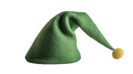 Green felt elf hat with yellow pompom on transparent background