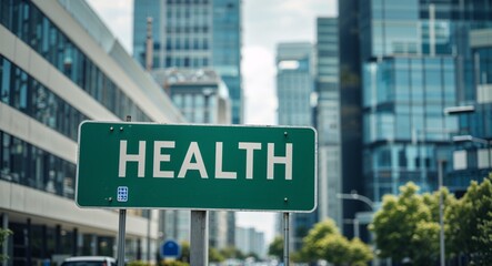 health text on road sign in middle of modern business city background