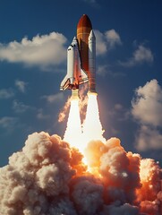 Naklejka premium A cinematic scene of a space shuttle launch, with bright blue skies and towering clouds of smoke engulfing the platform as it ascends
