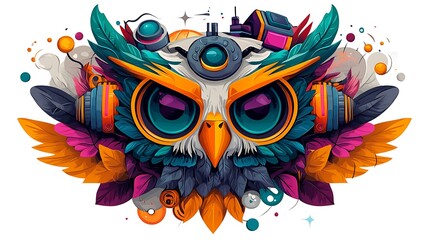 Naklejka premium Colorful abstract owl illustration with headphones and technology elements in a vibrant design