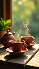Steaming hot tea in clay cups placed on a wooden table amidst afternoon sunlight, tea, gentle glow