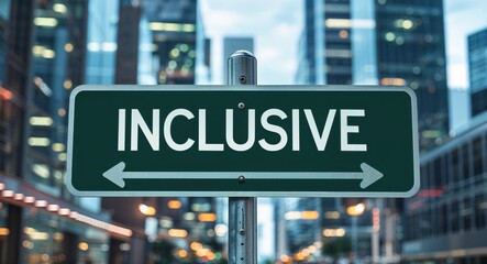 Obraz premium inclusive text on road sign in middle of modern business city background