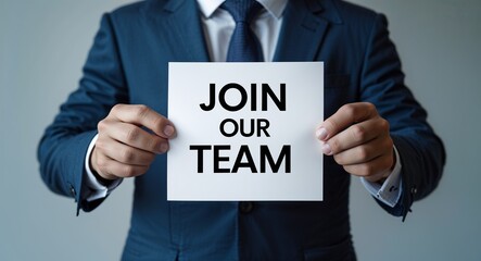 join our team text on plain white paper in hand on guy on formal suit business concept background