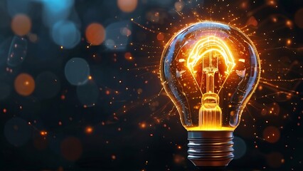 illuminated lightbulb on a dark background, has a futuristic digital appearance, with internal lines for technology  and business consept idea