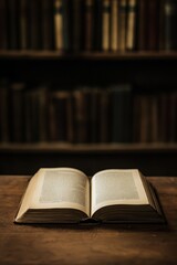 Fototapeta premium Open Book on Wooden Table Library Bookshelf Background