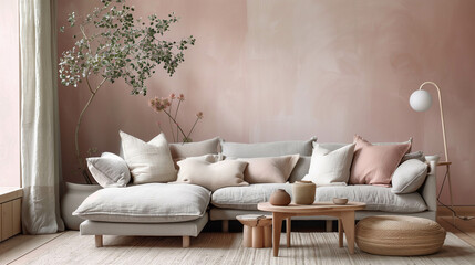 Modern living room with neutral furniture, pink accent pillows, and decorative wooden elements