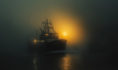 Obraz premium Fishing Trawler Gliding Through Foggy Waters, Capturing the Calm of the Morning Sea