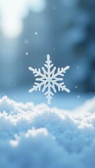A delicate snowflake floats in a vast white space, whiteness, abstract winter, frosty scene