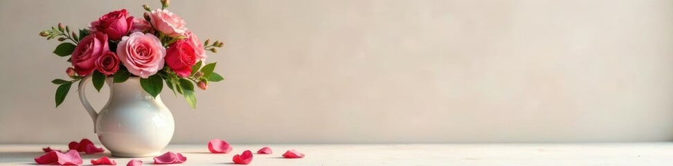 Fototapeta premium A floral arrangement in a ceramic jug on a pedestal, decor, petals