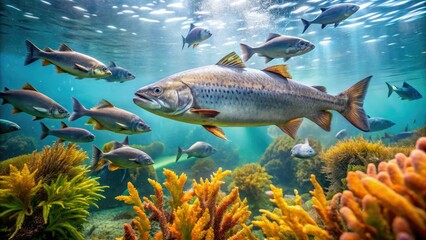 Naklejka premium Fresh salmon swimming in a school near a coral reef with seaweed swaying gently, colorful fish, salmon, tropical background, underwater scene, ocean