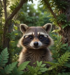 Raccoon with trendy round frames and a mischievous grin peeking out from behind a bush, wild animal, bush