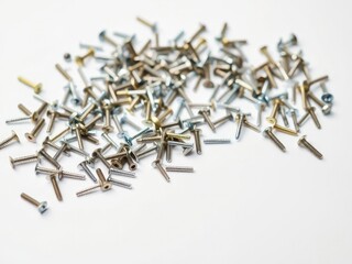 Random pile of assorted screws scattered on a white background, bolts, white background, DIY