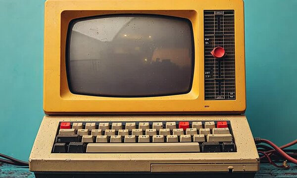 Vintage yellow computer on a wooden table against a turquoise background, evoking nostalgia
