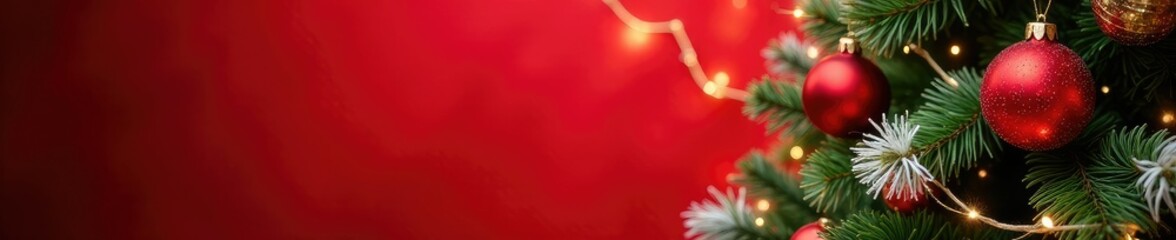 Obraz premium Red background Christmas tree adorned with shiny red and white glass balls, snowflake, festive, sparkle