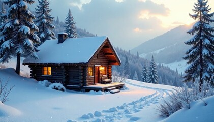 Frosty morning with snowflakes gently falling on the roof of a cozy cabin, frost, snowy landscape