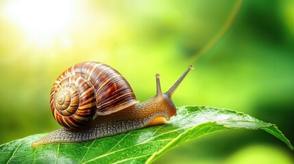 Solitary Snail Crawling on Fresh Green Leaf Under Soft Blurred Light in Nature Background