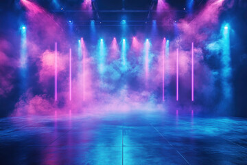 Obraz premium Colorful lights illuminate a stage enveloped in smoke, creating a captivating and dynamic atmosphere.