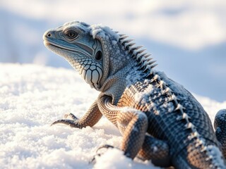 Obraz premium Frosty scales glisten on the reptilian lizard's back as it basks in the pale winter sun, snowflakes, frosty elegance