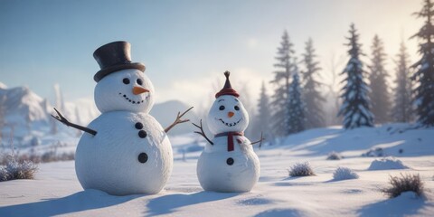 Obraz premium Frosty winter landscape with snowman in the foreground , snowman, icy