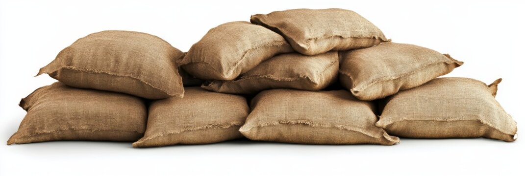 Stack of burlap sandbags isolated on white background. (1)
