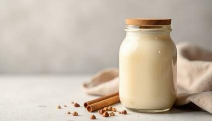 Creamy milkshake in a glass jar with a wooden lid, creamy, sweet