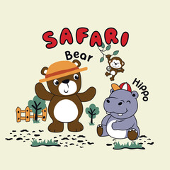 Cute animals having fun playing with good friends in safari zoo, joyful and energetic vector illustration
