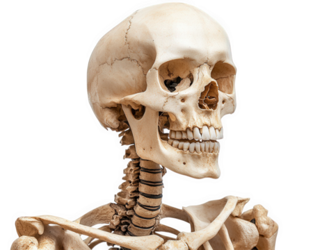 detailed human skeleton in side profile view, showcasing anatomical features and structure. This representation highlights intricate design of bones and joints