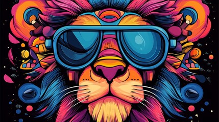 Colorful and stylized lion wearing sunglasses in a vibrant cosmic background with abstract elements