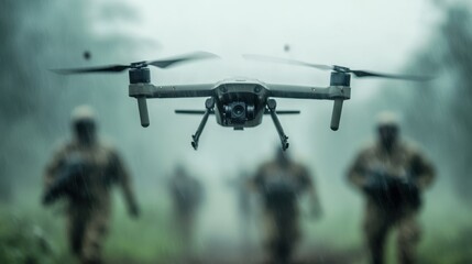Military drones soar amid tactical operations in a misty landscape