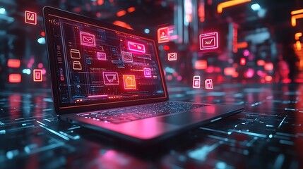 a modern, angled view of a laptop against a backdrop of abstract, glowing network connections and icons, suggesting a theme of technology, connectivity, and potentially software development or cyberse