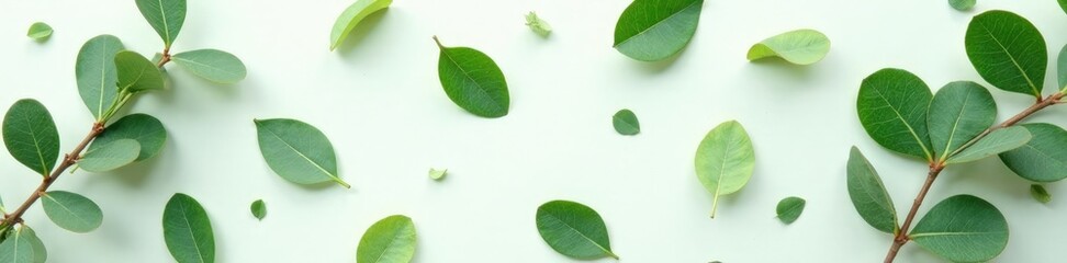 Naklejka premium Freshly picked eucalyptus leaves scattered on white paper, green, isolated