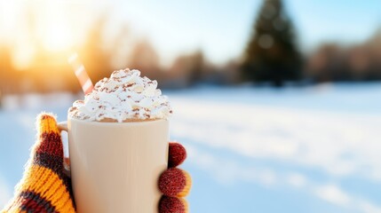 Enjoying a warm cup of chocolate in a snowy park under the sun