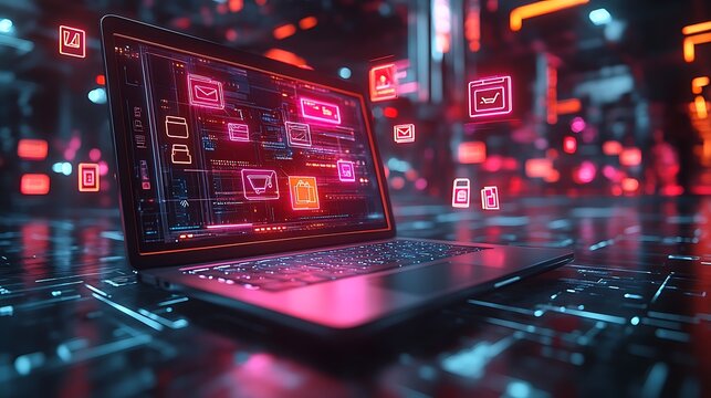 a modern, angled view of a laptop against a backdrop of abstract, glowing network connections and icons, suggesting a theme of technology, connectivity, and potentially software development or cyberse