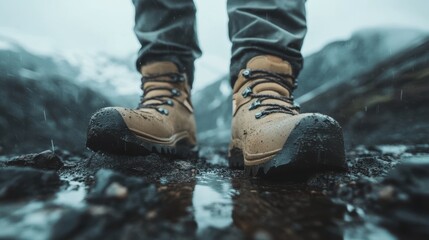 Hiking boots on a rocky mountain trail with stunning vistas beyond