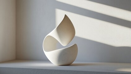 Fototapeta premium Minimalist white sculpture rests on a shelf bathed in sunlight