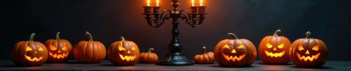 Jack o lanterns placed around a spooky candelabra on a dark background, eerie ambiance, festive, jack o lanterns