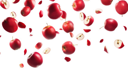 Fresh red apples and slices falling on transparent background
