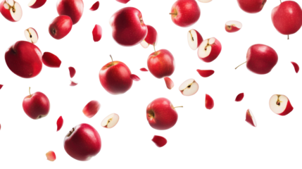Fresh red apples and slices falling on transparent background