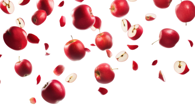 Fresh red apples and slices falling on transparent background