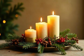 Luxurious gold candle arrangement with pine branches and berries, gold candles, golden accents, warm glow