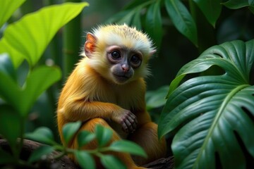 Obraz premium Marmoset monkey snuggled up among tropical plants, cozy atmosphere, peaceful scene, plant