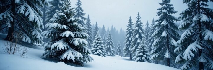 Snow-covered fir tree in the forest landscape, trees, woodland